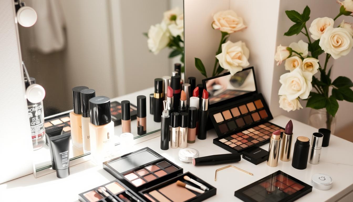 Vanity table with a collection of makeup essentials, including lipsticks, palettes, foundations, and brushes, surrounded by elegant white roses.