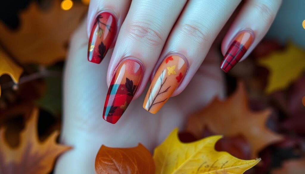 Autumn-inspired nail art featuring plaid patterns, fall leaves, and warm orange and red tones, surrounded by seasonal foliage for a cozy look.