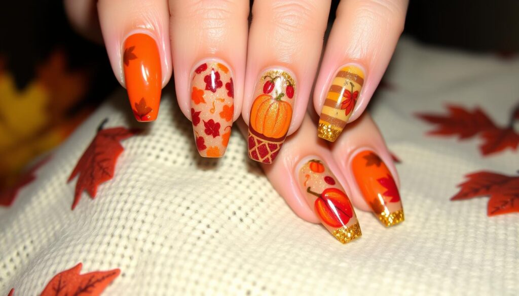 Festive fall-themed nails featuring vibrant orange, gold accents, and detailed pumpkin and leaf designs, perfect for the autumn season.