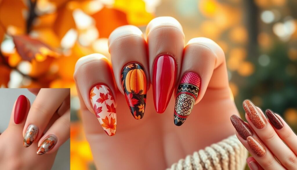 Stylish autumn nail art featuring bold red, leaf patterns, pumpkins, intricate designs, and shimmering glitter, set against a vibrant fall foliage backdrop.