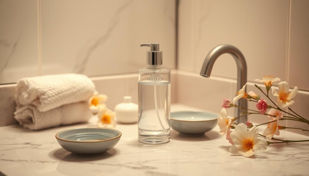 Elegant bathroom countertop with a glass bottle of skincare product, white towels, delicate pink and white flowers, and ceramic bowls for a serene and luxurious ambiance.