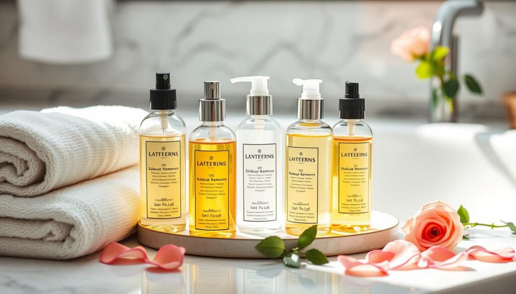 Luxurious display of Latteerns skincare oil removers on a tray, surrounded by folded white towels, pink rose petals, and soft natural lighting for an elegant bathroom setting.