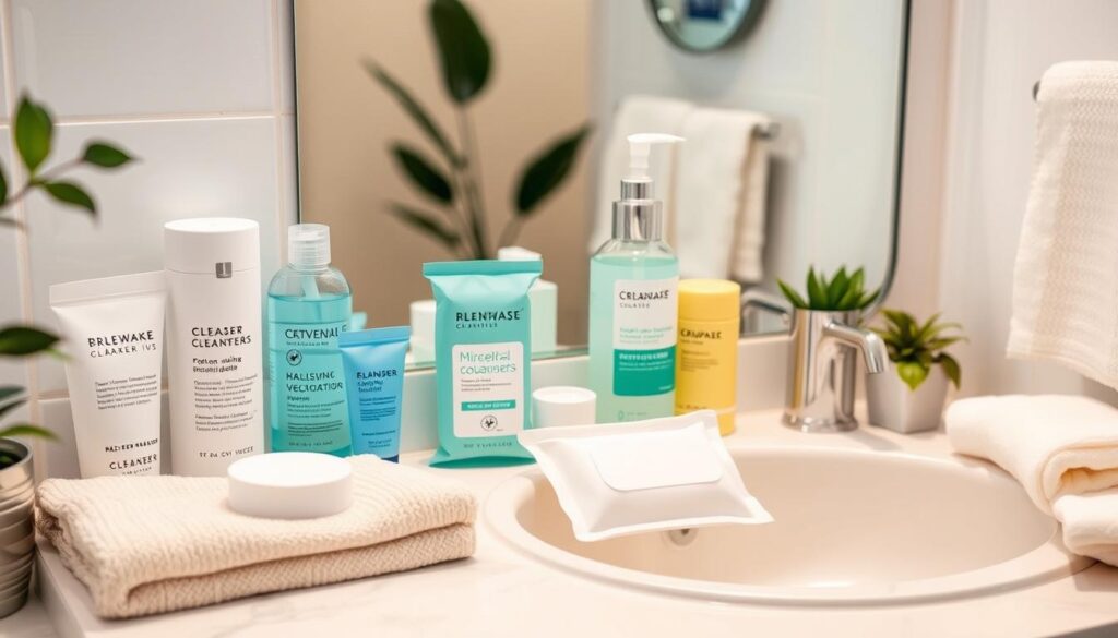 Bathroom counter with a curated selection of cleansers, micellar waters, and skincare products arranged neatly alongside soft towels and greenery, creating a fresh and inviting skincare setup.