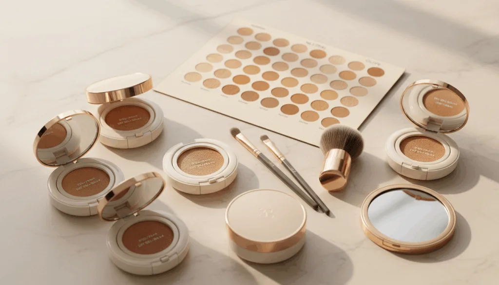 A beautifully arranged flat lay showcasing a selection of cushion foundations tailored for Asian skin tones. The foreground features an array of elegantly packaged products in diverse shades, highlighting warm, neutral, and olive undertones. In the middle, a color palette chart with swatches that represent various undertones alongside brushes and a compact mirror is artfully displayed. The background is softly blurred, featuring a neutral-toned fabric or marble surface to complement the colors of the foundation. The lighting is natural and soft, creating a warm and inviting atmosphere, reminiscent of a beauty studio setting. The overall mood is sophisticated and informative, perfect for an article on makeup selection.