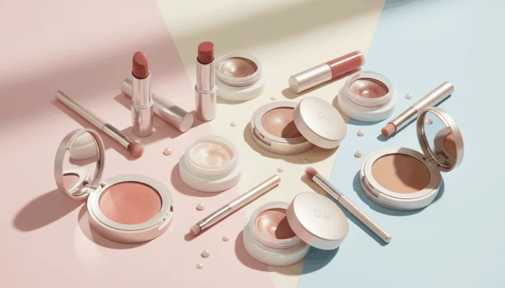 A beautifully arranged flatlay showcasing an array of texture-friendly makeup products suitable for mature skin, focusing on cream-based formulations with hydrating qualities. The scene features various elegant packaging, including tubes and compacts, all displaying a satin finish. The foreground highlights a delicate blush, highlighter, and foundation in soft, muted tones. In the middle ground, display an assortment of products with luxurious textures, such as lip balms and eyeshadows, artistically scattered to suggest a curated selection. The background features a subtle pastel color gradient, creating a calming atmosphere. Soft, natural lighting enhances the skin-like textures of the products, while a slight overhead angle allows for an inviting view of the makeup, showcasing their suitability for age 40+. A beautifully arranged flatlay showcasing an array of texture-friendly makeup products suitable for mature skin, focusing on cream-based formulations with hydrating qualities. The scene features various elegant packaging, including tubes and compacts, all displaying a satin finish. The foreground highlights a delicate blush, highlighter, and foundation in soft, muted tones. In the middle ground, display an assortment of products with luxurious textures, such as lip balms and eyeshadows, artistically scattered to suggest a curated selection. The background features a subtle pastel color gradient, creating a calming atmosphere. Soft, natural lighting enhances the skin-like textures of the products, while a slight overhead angle allows for an inviting view of the makeup, showcasing their suitability for age 40+.
