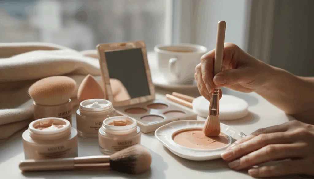 A serene flatlay showcasing various makeup application techniques suitable for mature skin, specifically focusing on the age group 40+. In the foreground, feature an assortment of cream makeup products in elegant packaging, emphasizing hydrating formulas with a satin finish. Include tools like brushes, sponges, and a mirror for application. The middle layer should contain a hand demonstrating a makeup technique, such as stippling or blending, with a close-up focus to capture detail. The background should be softly blurred, featuring ambient natural light that highlights textures and warms the colors. The overall mood is calm and inviting, conveying the theme of flawless makeup application for mature skin. A serene flatlay showcasing various makeup application techniques suitable for mature skin, specifically focusing on the age group 40+. In the foreground, feature an assortment of cream makeup products in elegant packaging, emphasizing hydrating formulas with a satin finish. Include tools like brushes, sponges, and a mirror for application. The middle layer should contain a hand demonstrating a makeup technique, such as stippling or blending, with a close-up focus to capture detail. The background should be softly blurred, featuring ambient natural light that highlights textures and warms the colors. The overall mood is calm and inviting, conveying the theme of flawless makeup application for mature skin.